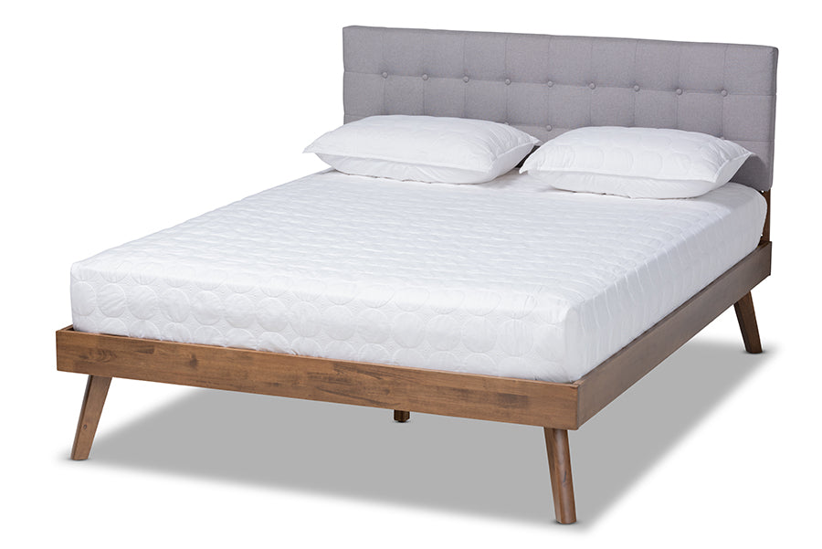 Baxton Studio Devan Mid-Century Modern Light Grey Fabric Upholstered Walnut Brown Finished Wood King Size Platform Bed