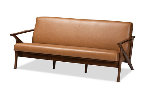 Baxton Studio Bianca Mid-Century Modern Walnut Brown Finished Wood and Tan Faux Leather Effect Sofa