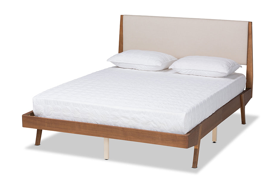 Baxton Studio Senna Mid-Century Modern Beige Fabric Upholstered and Walnut Brown Finished Wood King Size Platform Bed