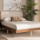 Baxton Studio Senna Mid-Century Modern Beige Fabric Upholstered and Walnut Brown Finished Wood King Size Platform Bed