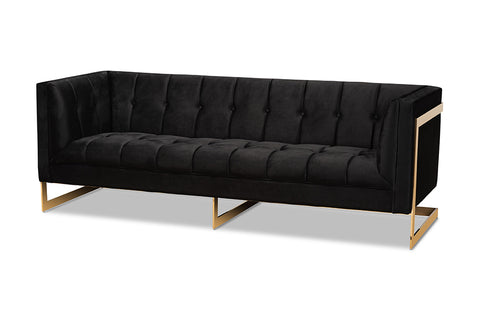 Baxton Studio Ambra Glam and Luxe Black Velvet Upholstered and Button Tufted Sofa with Gold-Tone Frame