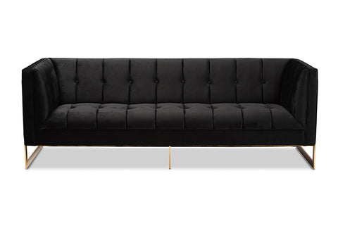 Baxton Studio Ambra Glam and Luxe Black Velvet Upholstered and Button Tufted Sofa with Gold-Tone Frame