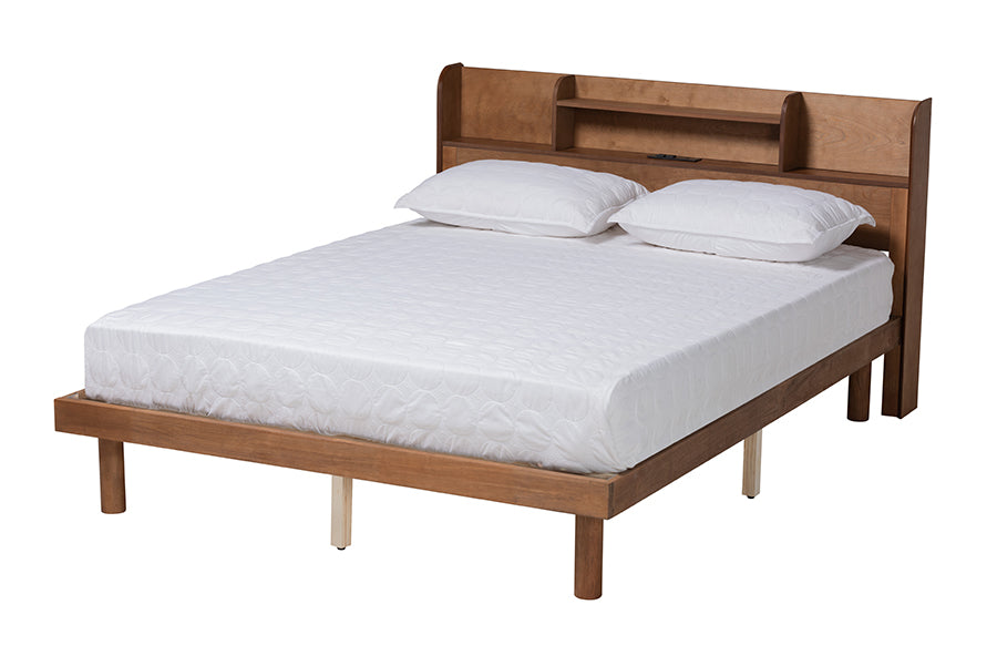 Baxton Studio Harper Mid-Century Modern Transitional Walnut Brown Finished Wood Full Size Platform Bed with Charging Station