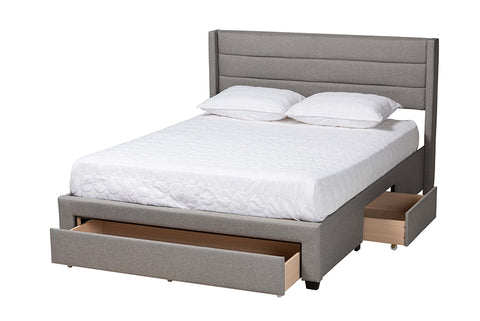 Baxton Studio Braylon Mid-Century Modern Transitional Light Grey Fabric and Dark Brown Finished Wood Full Size 3-Drawer Storage Platform Bed