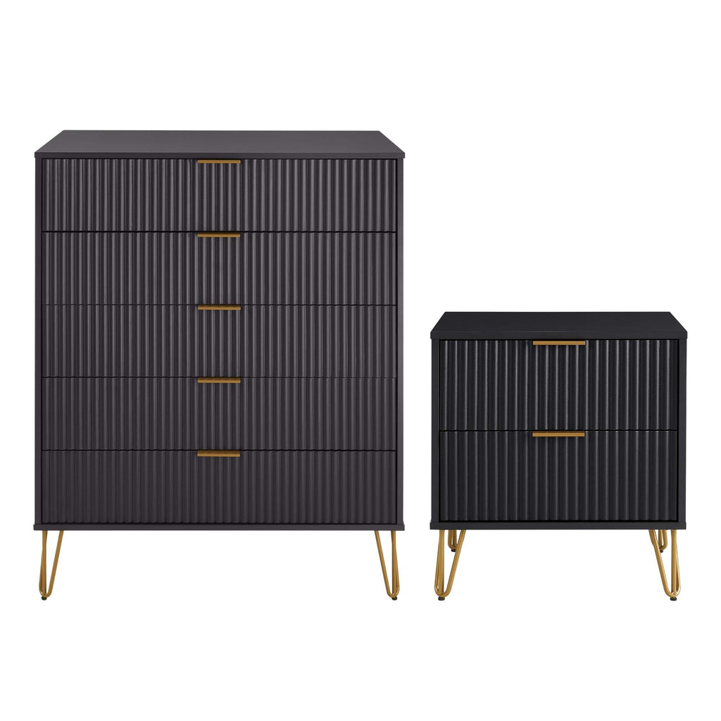 Manhattan Comfort2-Piece DUMBO Modern 5-Drawer Tall Dresser and DUMBO Modern Nightstand 2.0 in Black-Modern Room Deco