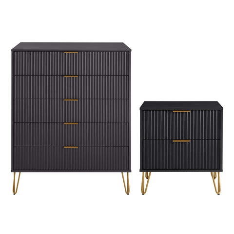 Manhattan Comfort2-Piece DUMBO Modern 5-Drawer Tall Dresser and DUMBO Modern Nightstand 2.0 in Black-Modern Room Deco