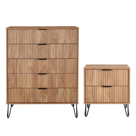 Manhattan Comfort2-Piece DUMBO Modern 5-Drawer Tall Dresser and DUMBO Modern Nightstand 2.0 in Golden Brown-Modern Room Deco