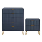 Manhattan Comfort2-Piece DUMBO Modern  5-Drawer Tall Dresser and DUMBO Modern Nightstand 2.0 in Midnight Blue