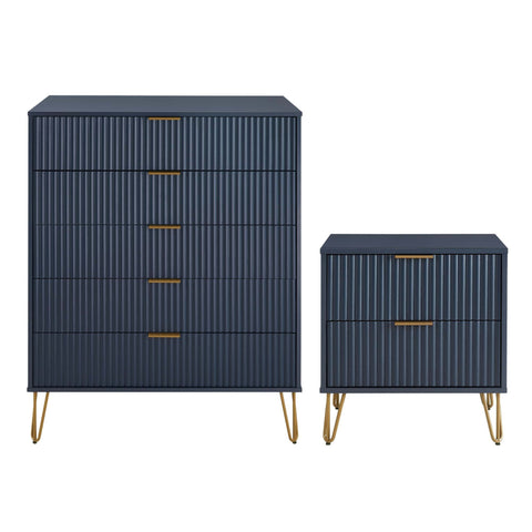 Manhattan Comfort2-Piece DUMBO Modern  5-Drawer Tall Dresser and DUMBO Modern Nightstand 2.0 in Midnight Blue