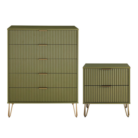 Manhattan Comfort2-Piece DUMBO Modern 5-Drawer Tall Dresser and DUMBO Modern Nightstand 2.0 in Olive Green-Modern Room Deco