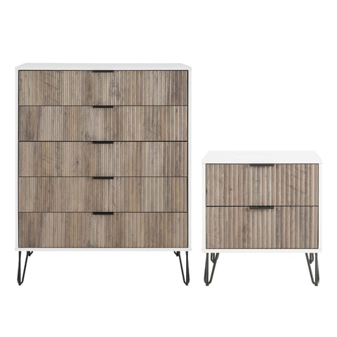 Manhattan Comfort2-Piece DUMBO Modern  5-Drawer Tall Dresser and DUMBO Modern Nightstand 2.0 in White and Grey