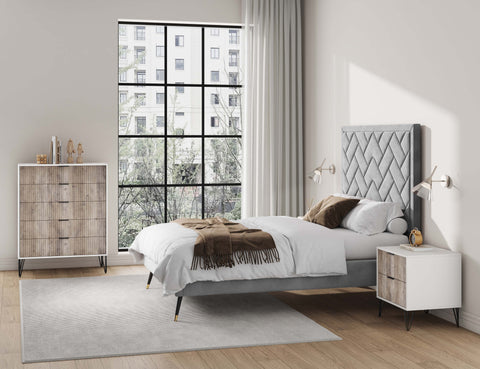 Manhattan Comfort2-Piece DUMBO Modern  5-Drawer Tall Dresser and DUMBO Modern Nightstand 2.0 in White and Grey