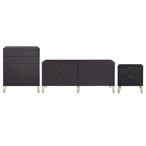 Manhattan Comfort3-Piece DUMBO Modern  5-Drawer Tall Dresser,  DUMBO Modern 6-Drawer Double Low Dresser, and DUMBO Modern Nightstand 2.0 in Black