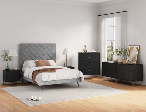 Manhattan Comfort3-Piece DUMBO Modern  5-Drawer Tall Dresser,  DUMBO Modern 6-Drawer Double Low Dresser, and DUMBO Modern Nightstand 2.0 in Black