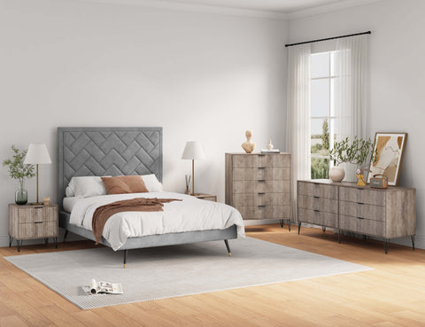 Manhattan Comfort3-Piece DUMBO Modern 5-Drawer Tall Dresser, DUMBO Modern 6-Drawer Double Low Dresser, and DUMBO Modern Nightstand 2.0 in Rustic Grey-Modern Room Deco