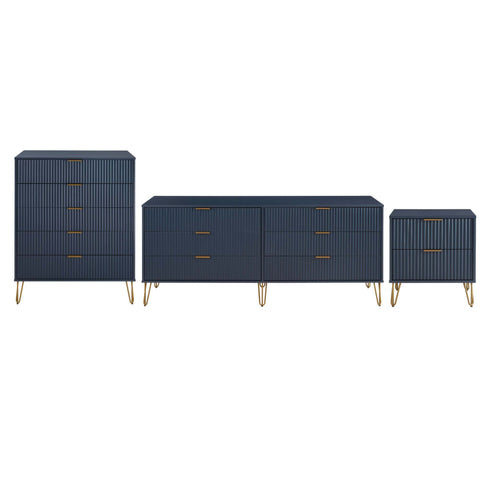 Manhattan Comfort3-Piece DUMBO Modern  5-Drawer Tall Dresser,  DUMBO Modern 6-Drawer Double Low Dresser, and DUMBO Modern Nightstand 2.0 in Midnight Blue