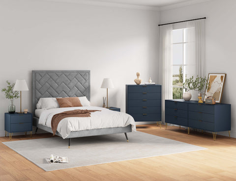 Manhattan Comfort3-Piece DUMBO Modern  5-Drawer Tall Dresser,  DUMBO Modern 6-Drawer Double Low Dresser, and DUMBO Modern Nightstand 2.0 in Midnight Blue