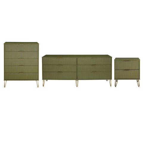 Manhattan Comfort3-Piece DUMBO Modern  5-Drawer Tall Dresser,  DUMBO Modern 6-Drawer Double Low Dresser, and DUMBO Modern Nightstand 2.0 in Olive Green