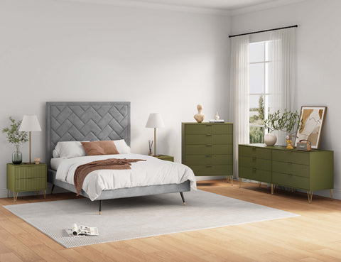 Manhattan Comfort3-Piece DUMBO Modern  5-Drawer Tall Dresser,  DUMBO Modern 6-Drawer Double Low Dresser, and DUMBO Modern Nightstand 2.0 in Olive Green