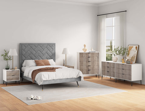 Manhattan Comfort3-Piece DUMBO Modern 5-Drawer Tall Dresser, DUMBO Modern 6-Drawer Double Low Dresser, and DUMBO Modern Nightstand 2.0 in White and Grey-Modern Room Deco