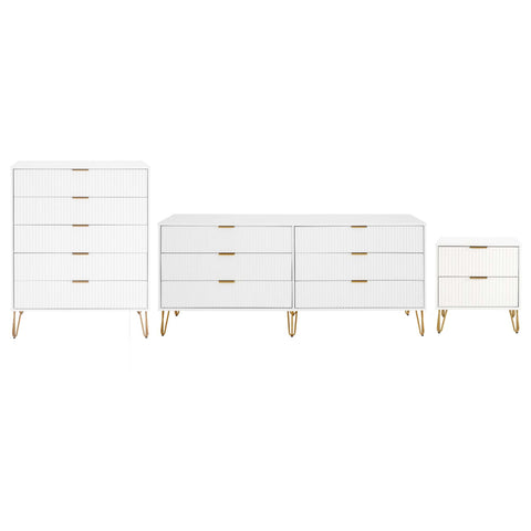 Manhattan Comfort3-Piece DUMBO Modern 5-Drawer Tall Dresser, DUMBO Modern 6-Drawer Double Low Dresser, and DUMBO Modern Nightstand 2.0 in White-Modern Room Deco