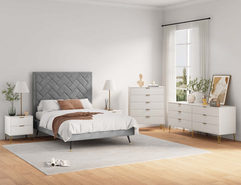 Manhattan Comfort3-Piece DUMBO Modern 5-Drawer Tall Dresser, DUMBO Modern 6-Drawer Double Low Dresser, and DUMBO Modern Nightstand 2.0 in White-Modern Room Deco