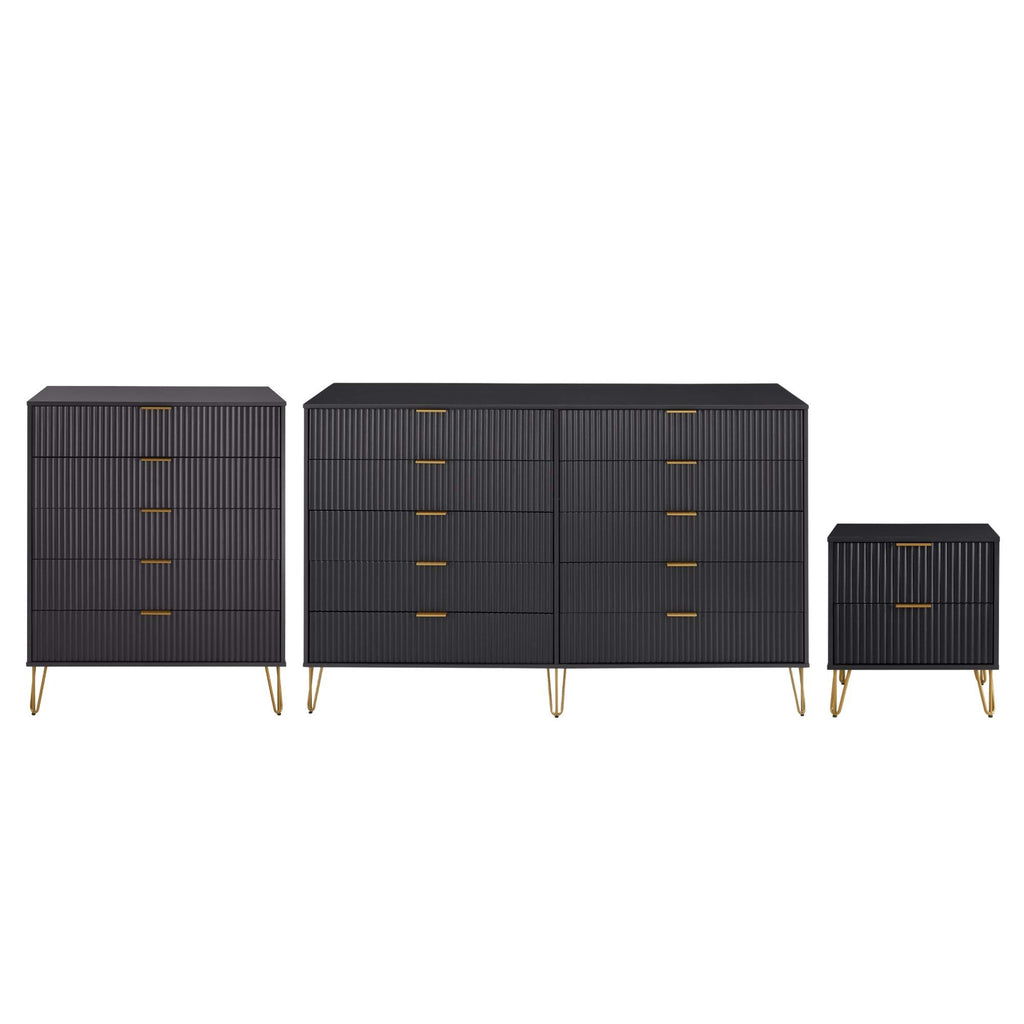 Manhattan Comfort3-Piece DUMBO Modern  5-Drawer Tall Dresser,  DUMBO Modern 10-Drawer Double Tall Dresser, and DUMBO Modern Nightstand 2.0 in Black