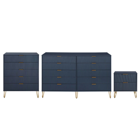 Manhattan Comfort3-Piece DUMBO Modern  5-Drawer Tall Dresser,  DUMBO Modern 10-Drawer Double Tall Dresser, and DUMBO Modern Nightstand 2.0 in Midnight Blue