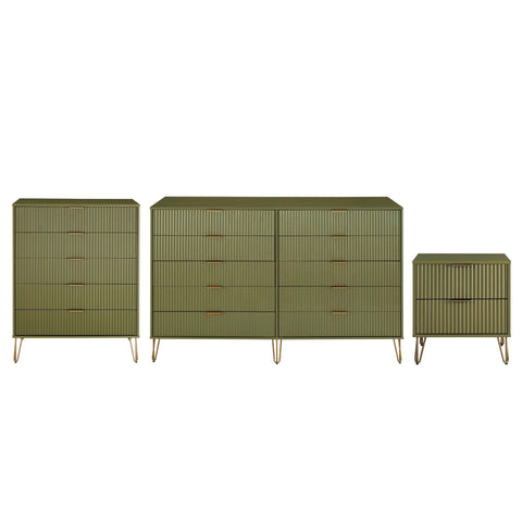 Manhattan Comfort3-Piece DUMBO Modern  5-Drawer Tall Dresser,  DUMBO Modern 10-Drawer Double Tall Dresser, and DUMBO Modern Nightstand 2.0 in Olive Green