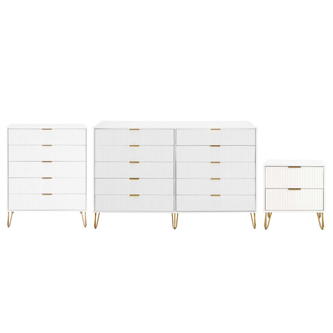 Manhattan Comfort3-Piece DUMBO Modern  5-Drawer Tall Dresser,  DUMBO Modern 10-Drawer Double Tall Dresser, and DUMBO Modern Nightstand 2.0 in White