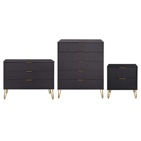 Manhattan Comfort3-Piece DUMBO Modern 5-Drawer Tall Dresser, DUMBO Modern 3-Drawer Standard Dresser, and DUMBO Modern Nightstand 2.0 in Black-Modern Room Deco