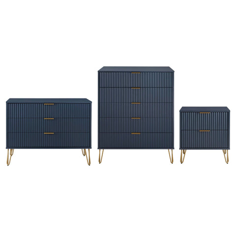 Manhattan Comfort3-Piece DUMBO Modern  5-Drawer Tall Dresser,  DUMBO Modern 3-Drawer Standard Dresser, and DUMBO Modern Nightstand 2.0 in Midnight Blue