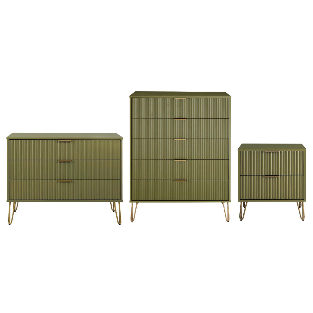 Manhattan Comfort3-Piece DUMBO Modern  5-Drawer Tall Dresser,  DUMBO Modern 3-Drawer Standard Dresser, and DUMBO Modern Nightstand 2.0 in Olive Green