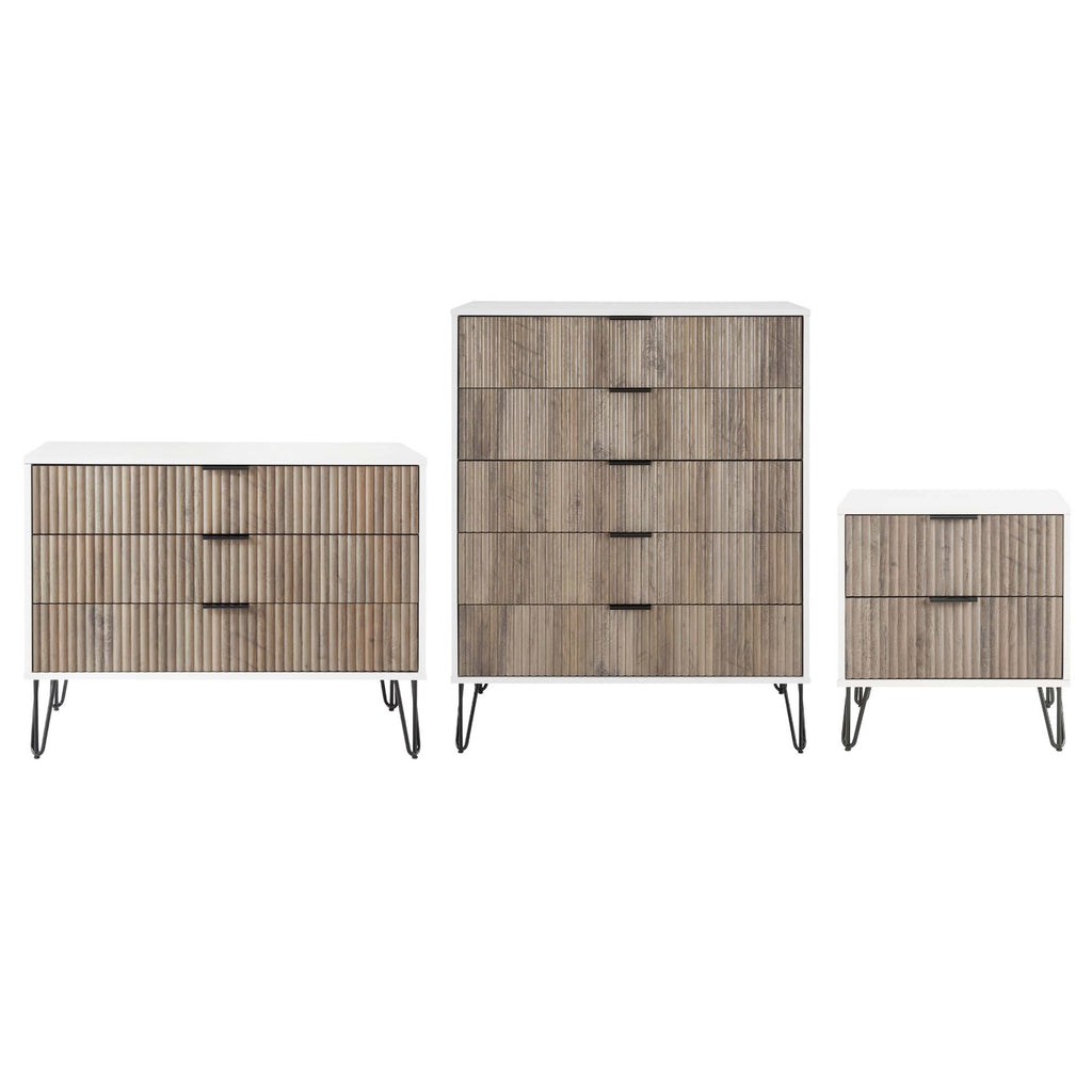 Manhattan Comfort3-Piece DUMBO Modern  5-Drawer Tall Dresser,  DUMBO Modern 3-Drawer Standard Dresser, and DUMBO Modern Nightstand 2.0 in White and Grey