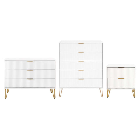 Manhattan Comfort3-Piece DUMBO Modern  5-Drawer Tall Dresser,  DUMBO Modern 3-Drawer Standard Dresser, and DUMBO Modern Nightstand 2.0 in White