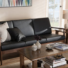 Baxton Studio Venza Mid-Century Modern Walnut Wood Black Faux Leather 3-Seater Sofa