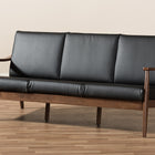 Baxton Studio Venza Mid-Century Modern Walnut Wood Black Faux Leather 3-Seater Sofa