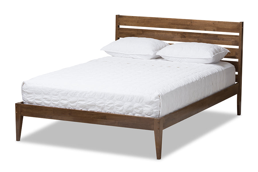 Baxton Studio Elmdon Mid-Century Modern Solid Walnut Wood Slatted Headboard Style Queen Size Platform Bed