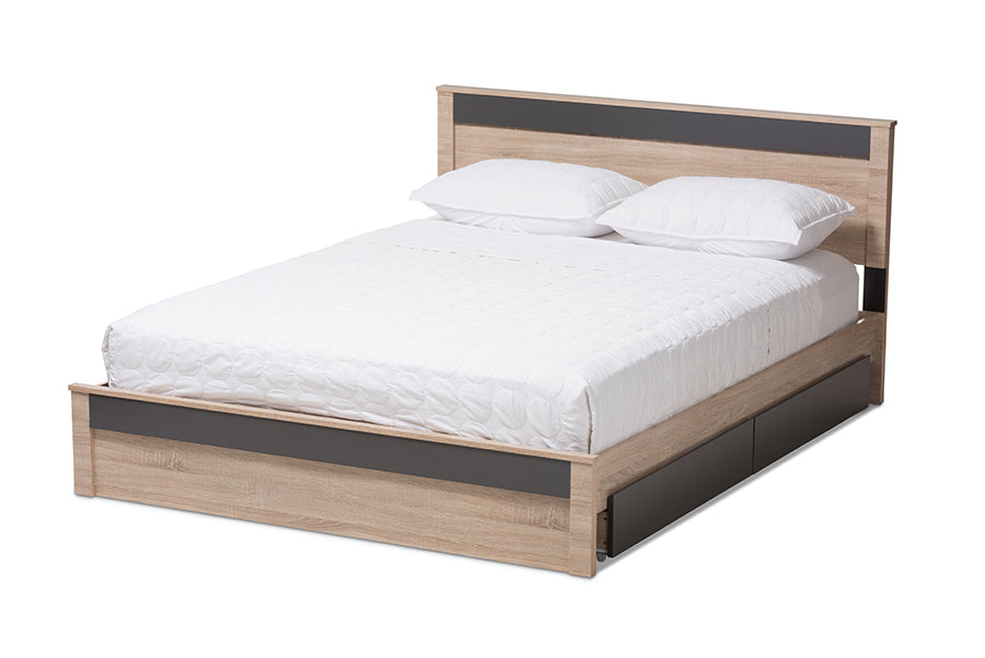 Baxton Studio Jamie Modern and Contemporary Two-Tone Oak and Grey Wood Queen 2-Drawer Queen Size Storage Platform Bed