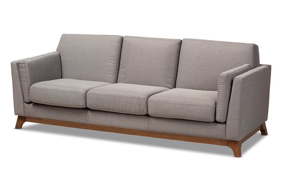 Baxton Studio Sava Mid-Century Modern Grey Fabric Upholstered Walnut Wood 3-Seater Sofa