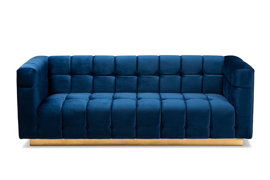 Baxton Studio Loreto Glam and Luxe Navy Blue Velvet Fabric Upholstered Brushed Gold Finished Sofa