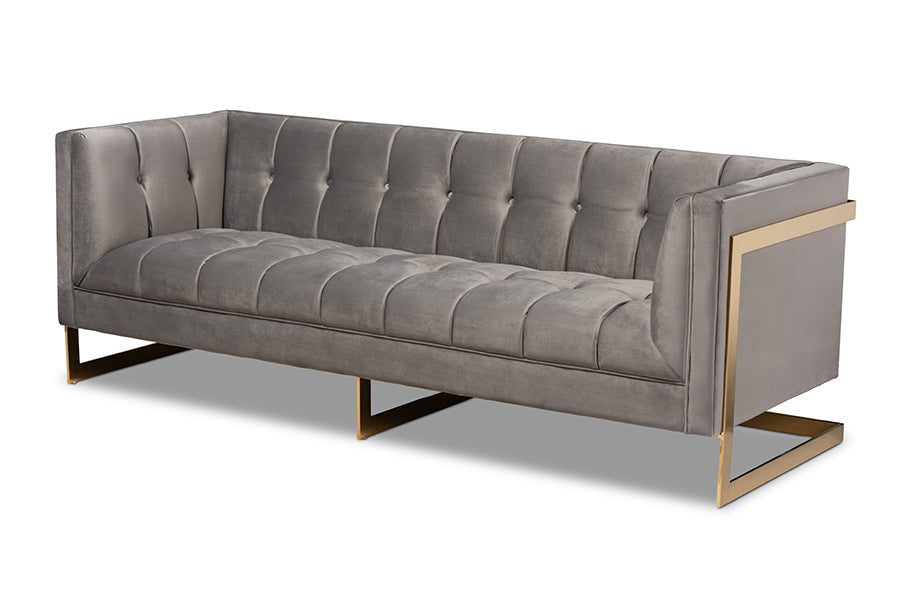 Baxton Studio Ambra Glam and Luxe Grey Velvet Fabric Upholstered and Button Tufted Sofa with Gold-Tone Frame