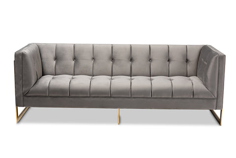 Baxton Studio Ambra Glam and Luxe Grey Velvet Fabric Upholstered and Button Tufted Sofa with Gold-Tone Frame