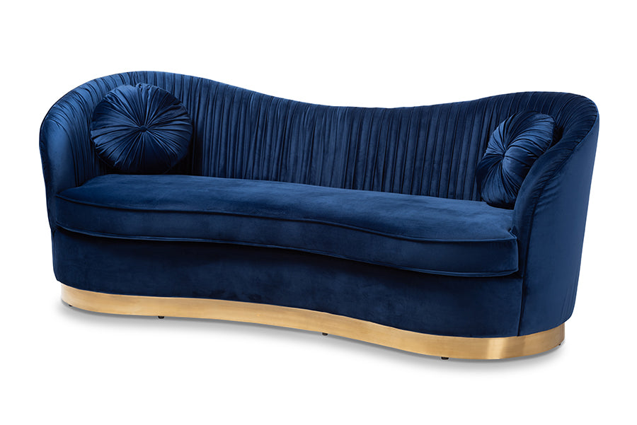 Baxton Studio Nevena Glam Royal Blue Velvet Fabric Upholstered Gold-Finished Sofa