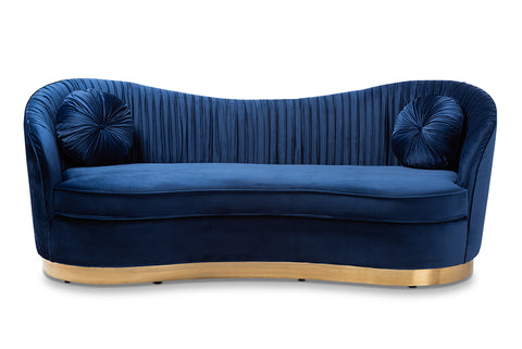 Baxton Studio Nevena Glam Royal Blue Velvet Fabric Upholstered Gold-Finished Sofa