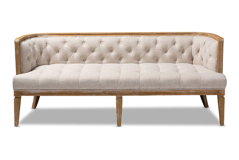 Baxton Studio Agnes French Provincial Beige Linen Fabric Upholstered and White-Washed Oak Wood Sofa