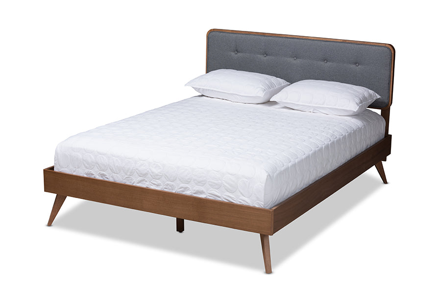 Baxton Studio Dilara Mid-Century Modern Dark Grey Fabric Upholstered Walnut Brown Finished Wood Queen Size Platform Bed