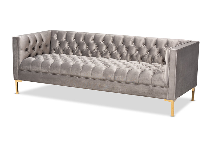 Baxton Studio Zanetta Glam and Luxe Gray Velvet Upholstered Gold Finished Sofa