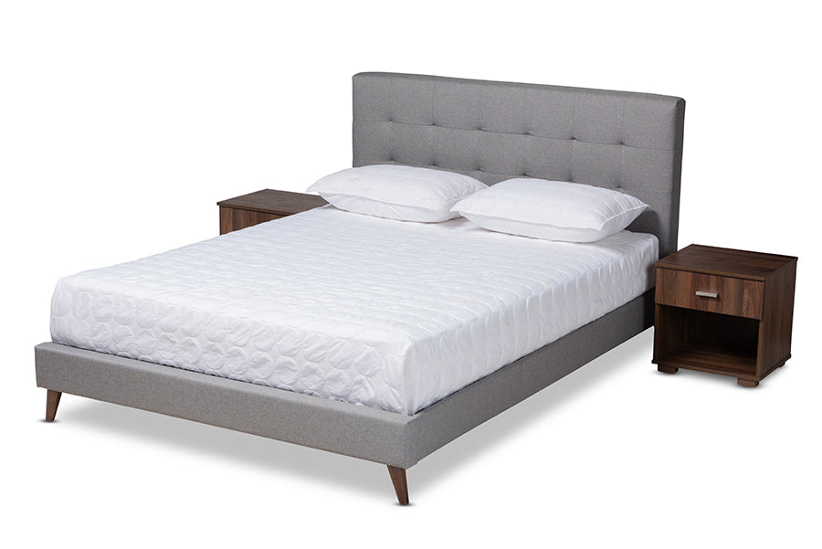 Baxton Studio Maren Mid-Century Modern Light Grey Fabric Upholstered Queen Size Platform Bed with Two Nightstands