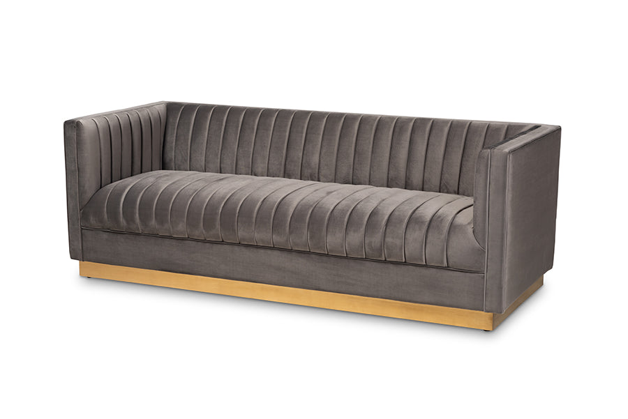 Baxton Studio Aveline Glam and Luxe Grey Velvet Fabric Upholstered Brushed Gold Finished Sofa